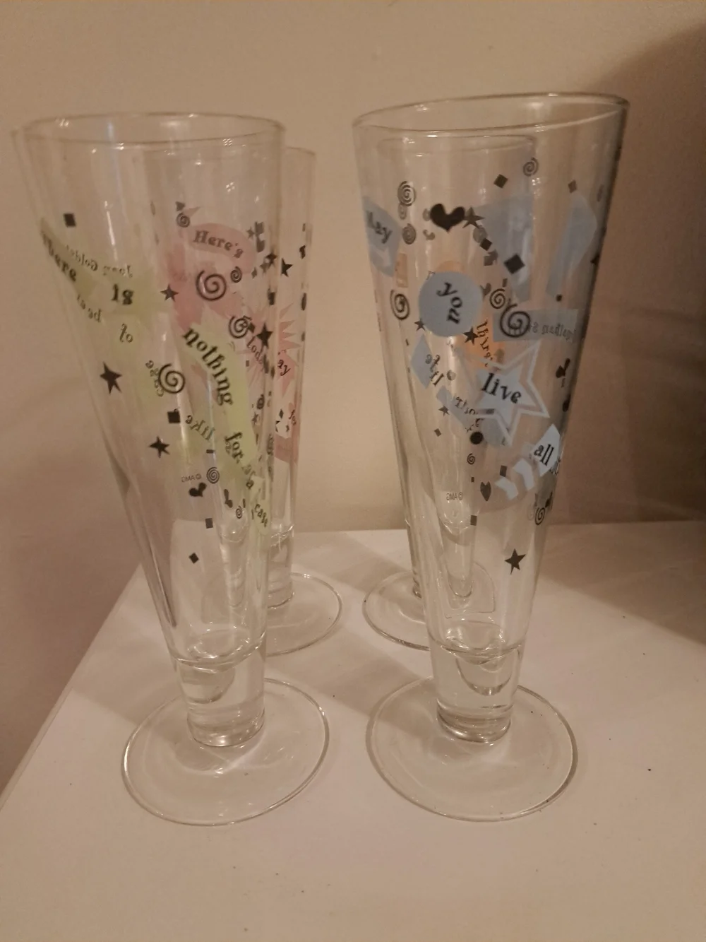 Vtg Decorative Glassware Set - Orange, Green,Blue, Pink Accent Pilsner Flutes 9